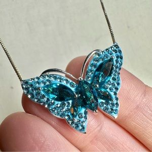 STERLING SILVER 925 BLUE CUBIC ZIRCONIA & RHINESTONE BUTTERFLY NECKLACE 24"
